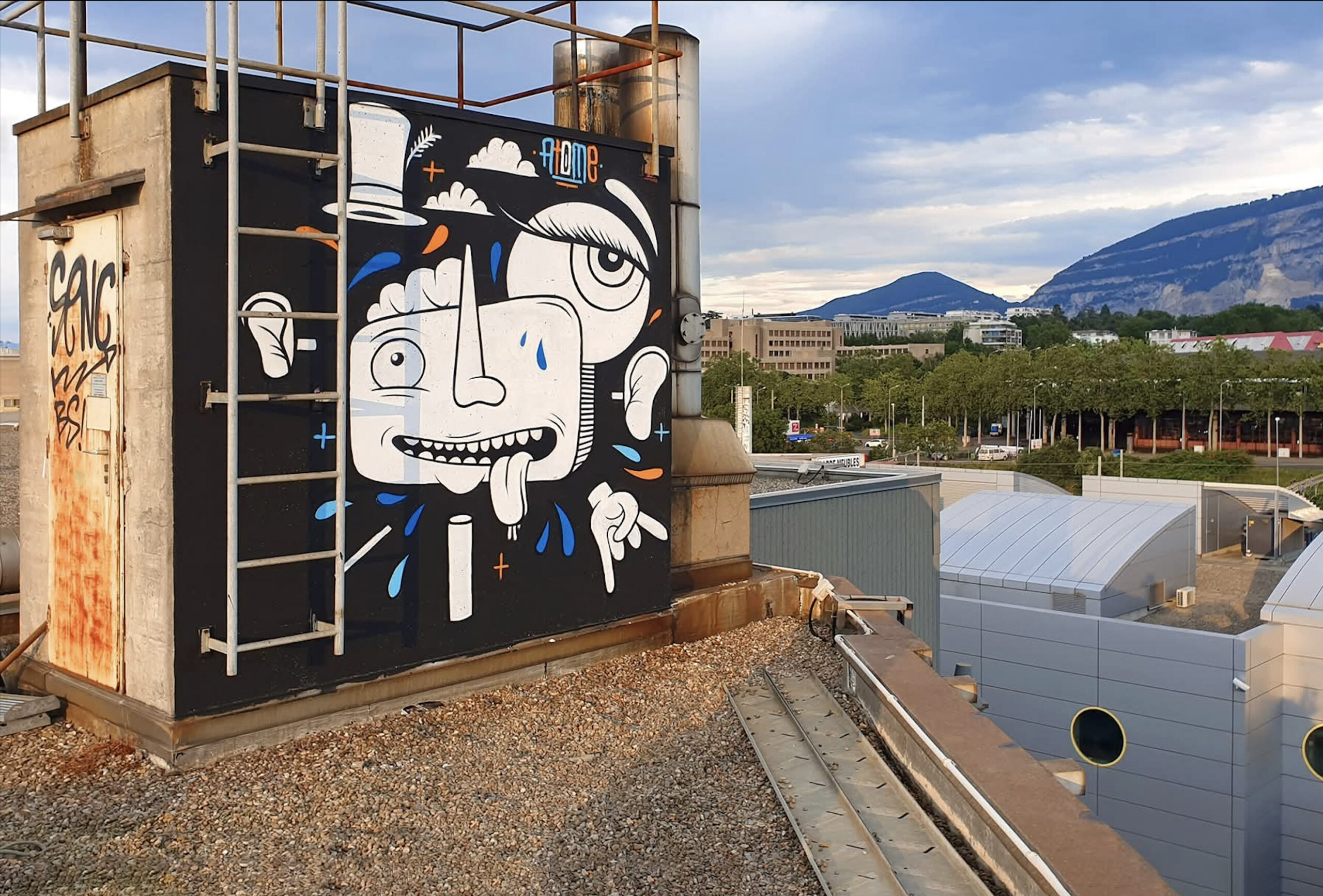Fresque live réalisée par AtOme au 105 Voisins à Genève avec Polomarco en 2019.