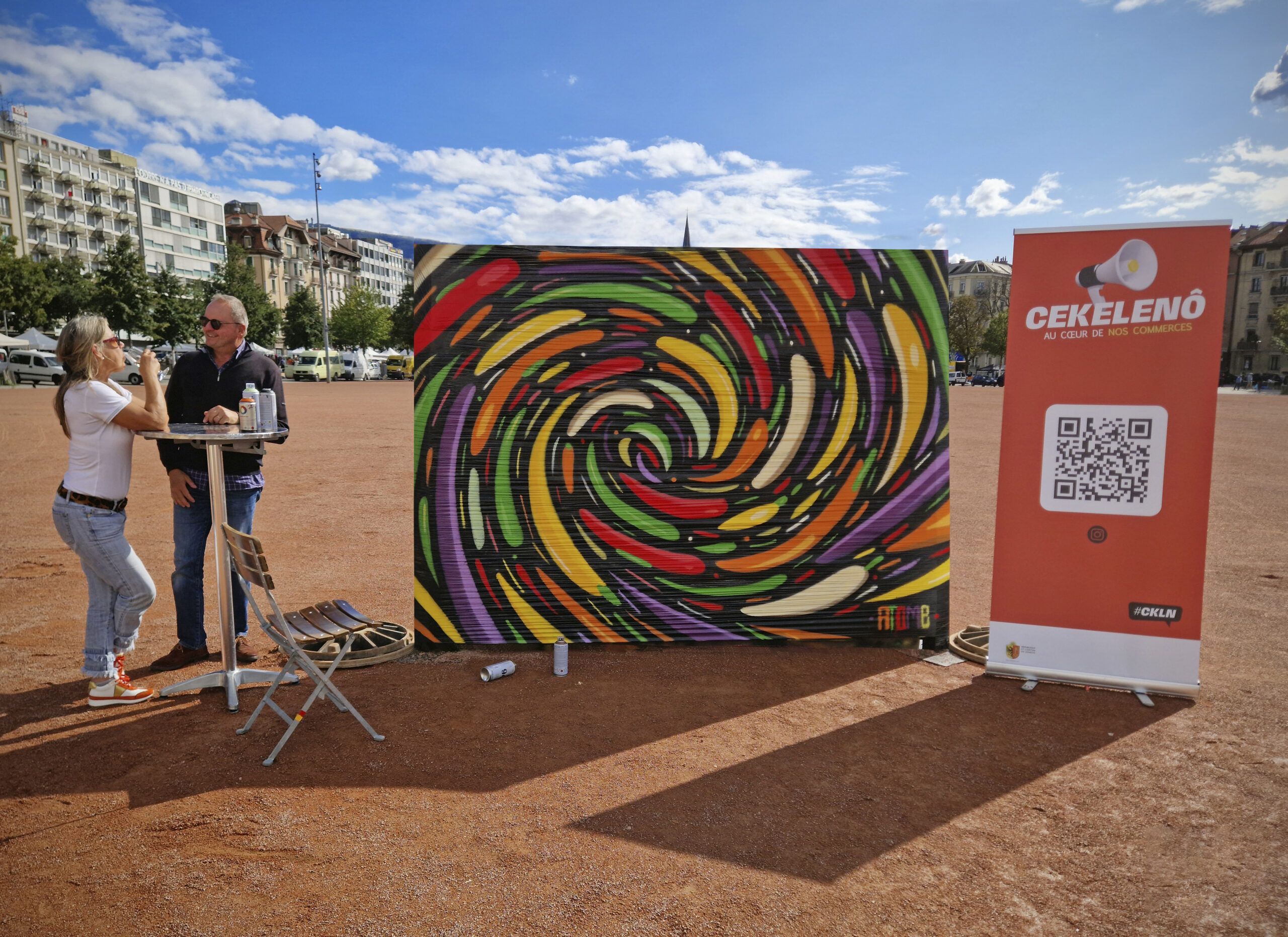 Fresque live réalisée par AtOme à Plainpalais pour Cekelenô avec Polomarco à Genève en 2023.